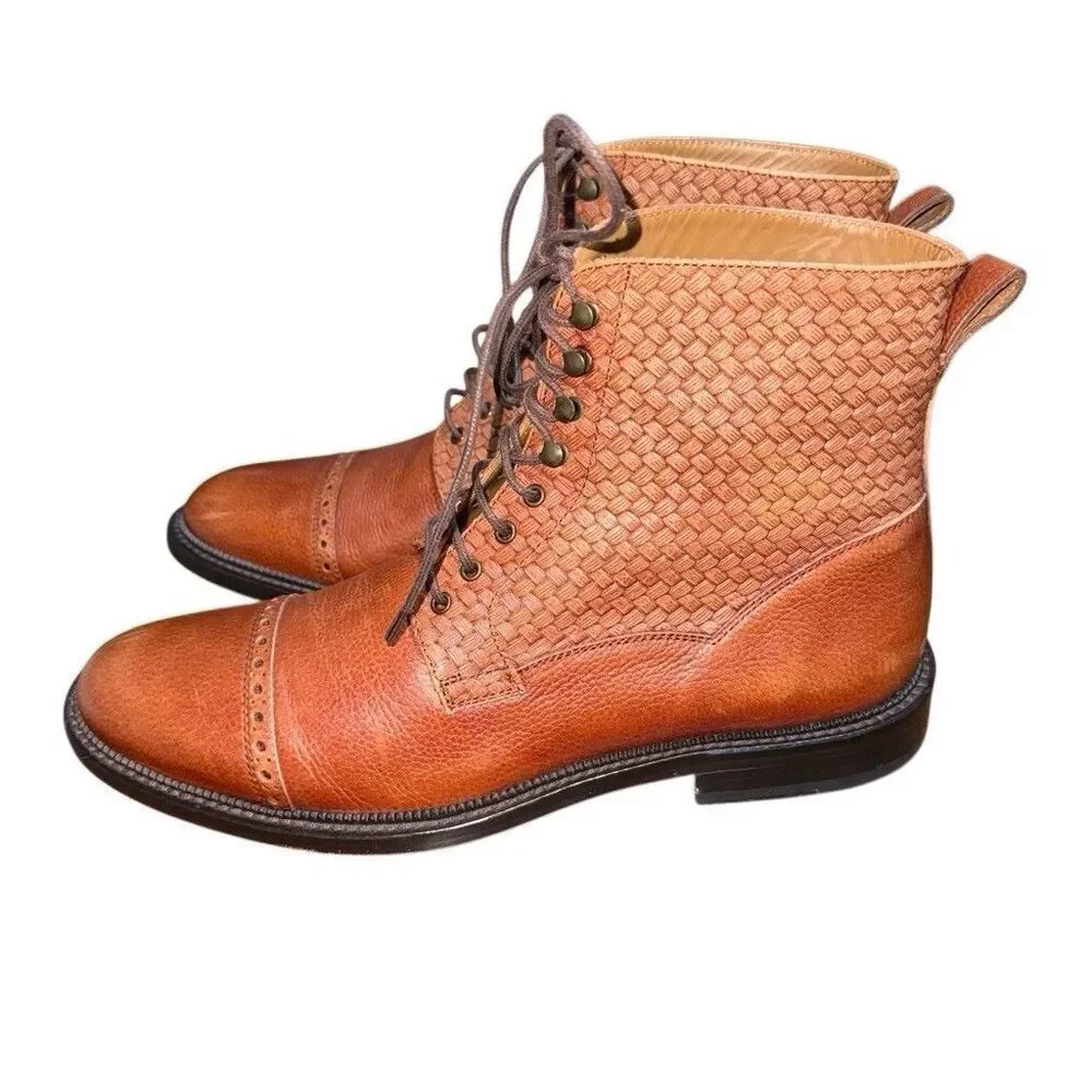 TAFT Combat Boots Mens Size 41 Brown Leather Cap Toe Lace Up Woven Spain Casual